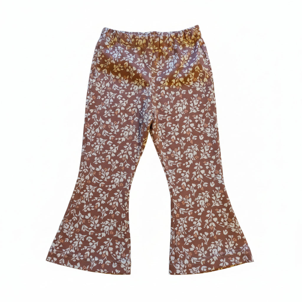 Handgemaakte Flaired Legging Meisjes – Hippe Tricot Broek oud roze met bloemetje