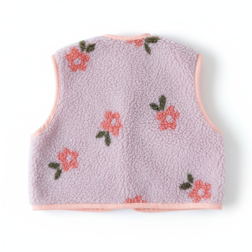 Handgemaakt vestje teddystof roze bloem