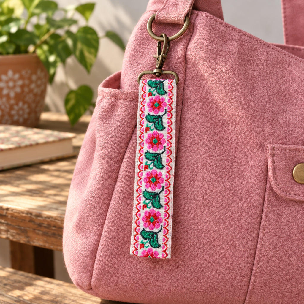 Handgemaakte Sleutelhanger bloem roze/groen - Fleurich