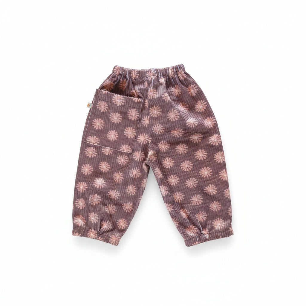 Handgemaakte meisjes wide leg corduroy bruin met bloem
