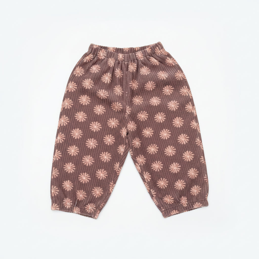 Handgemaakte meisjes wide leg corduroy bruin met bloem