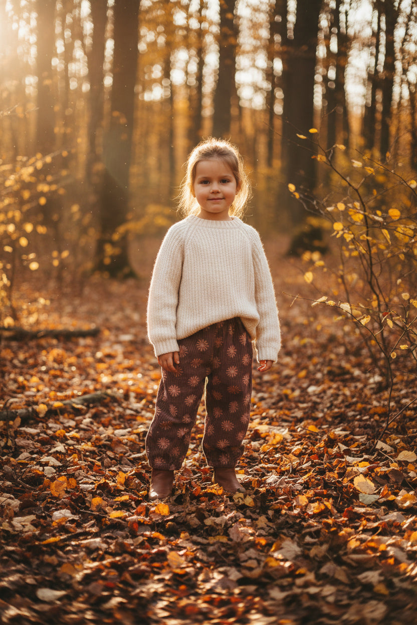 Handgemaakte meisjes wide leg corduroy bruin met bloem